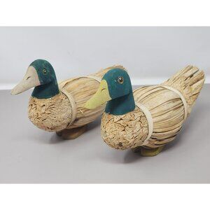 2 Vintage Duck Decoy - Straw Corn Husk Reed Wood Folk Art Aquatic Geese Handmade